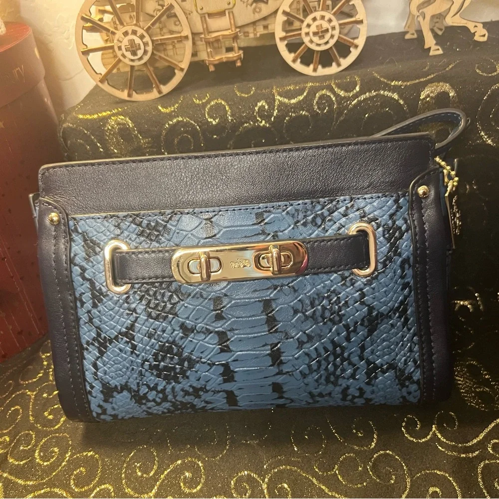 Coach Swagger Exotic Python Snake Skin Blue and Black Crossbody Wristlet